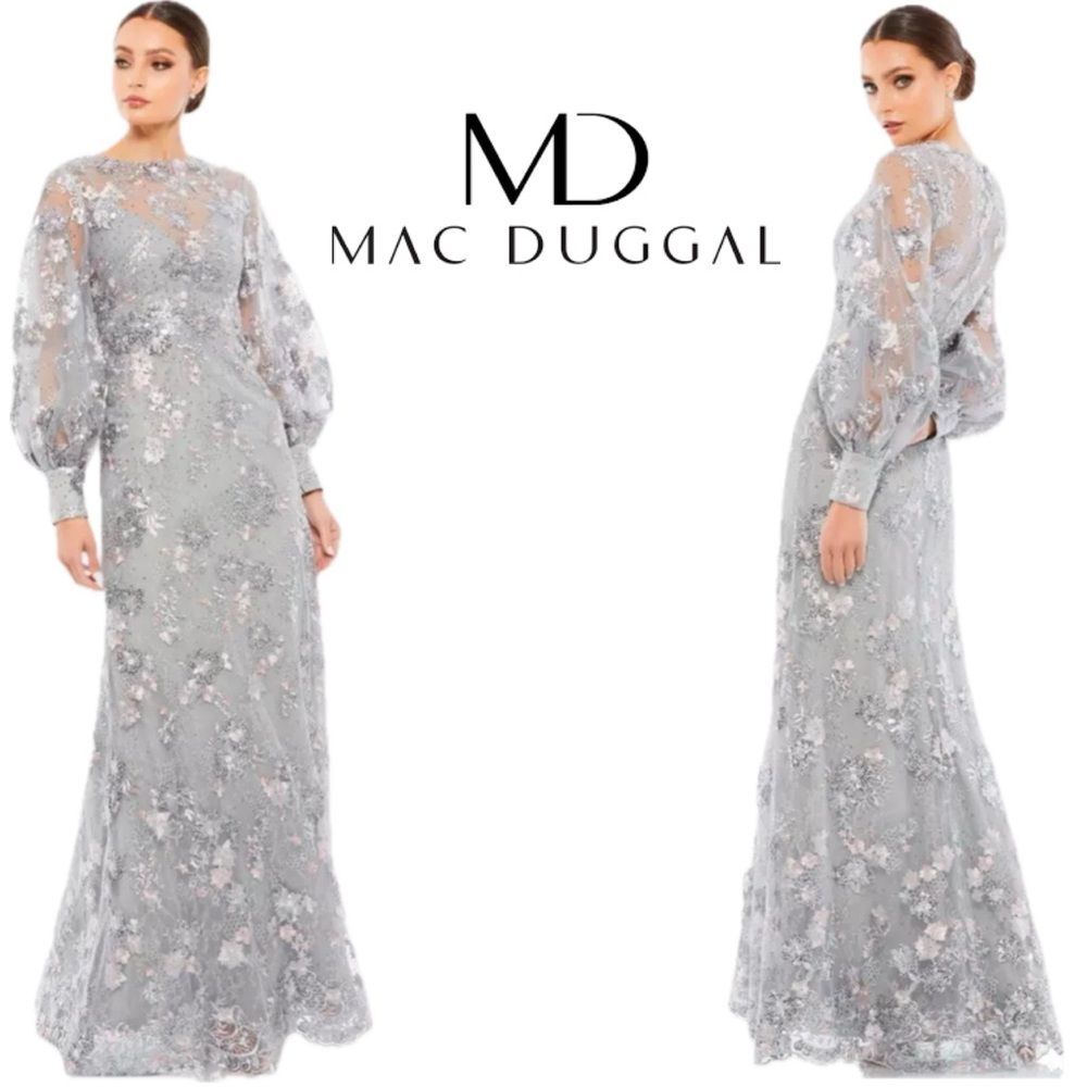 Mac Duggal 67936 Platinum Embroidered Flower Jewel Illusion Bishop Sleeve Gown 4 - Picture 16 of 16